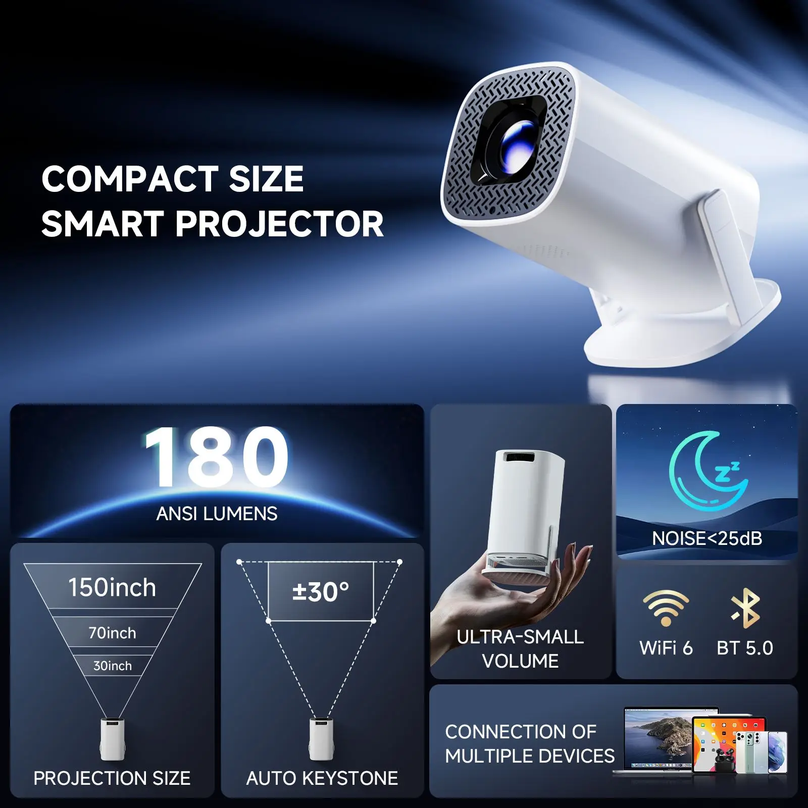 P30PRO Android 14 Smart Mini Projector WiFi6 BT 5.0 Supports 4K 1280 * 720P Supports Screen Mirroring Home Theater Projector