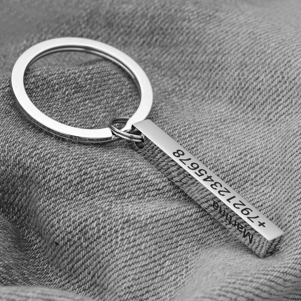 3D Bar Stainless Steel Personalize Keychains Engrave Text Name Date Logo Keyrings Customized Key Chain Rings Christmas Gift P039