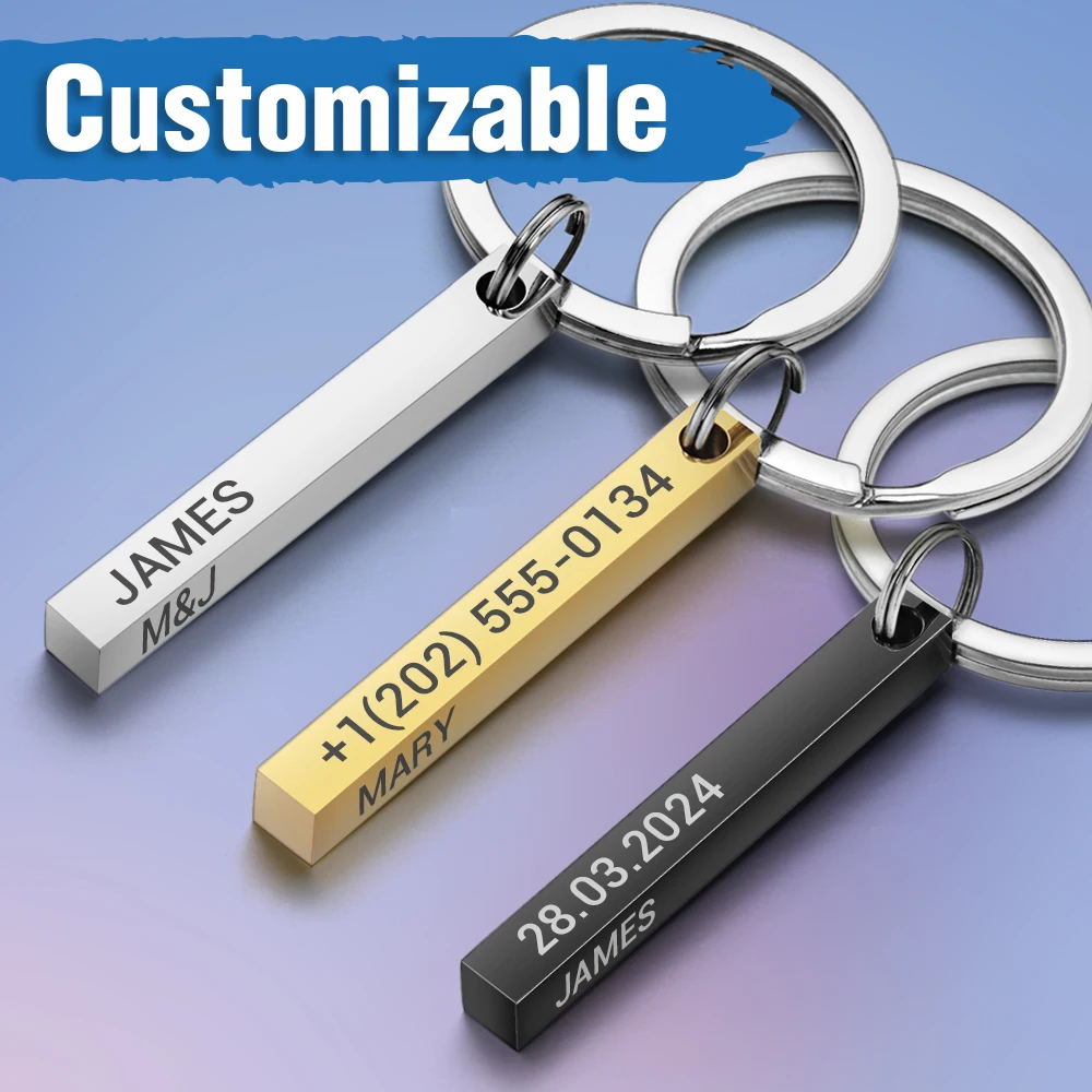 3D Bar Stainless Steel Personalize Keychains Engrave Text Name Date Logo Keyrings Customized Key Chain Rings Christmas Gift P039