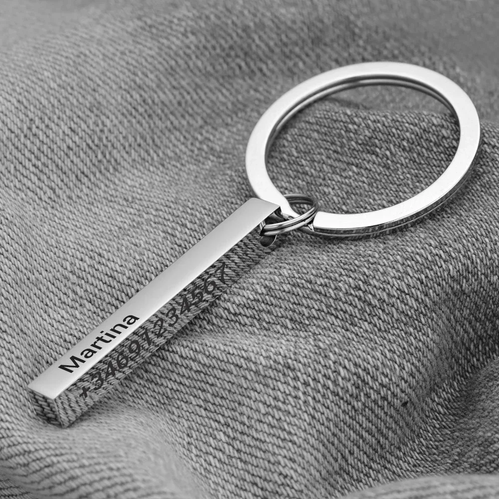 3D Bar Stainless Steel Personalize Keychains Engrave Text Name Date Logo Keyrings Customized Key Chain Rings Christmas Gift P039 - الصورة 3