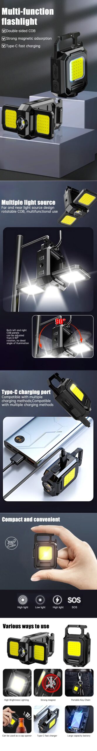 Flashlight Mini Keychain Light COB Work Light USB Rechargeable Lamp with 90° Foldable Side Lights Multifunctiona Portable Torch Flashlight Mini Keychain Light COB Work Light USB Rechargeable Lamp with 90° Foldable Side Lights Multifunctiona Portable Torch