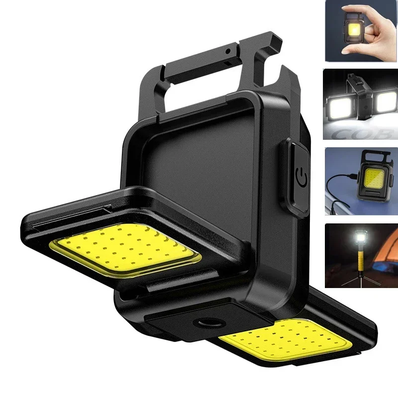 Flashlight Mini Keychain Light COB Work Light USB Rechargeable Lamp with 90° Foldable Side Lights Multifunctiona Portable Torch