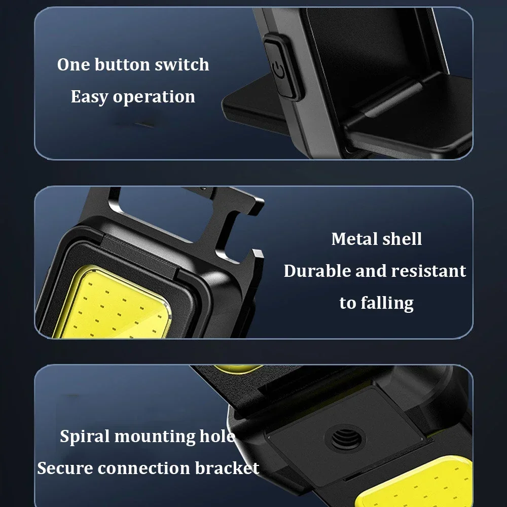 Flashlight Mini Keychain Light COB Work Light USB Rechargeable Lamp with 90° Foldable Side Lights Multifunctiona Portable Torch