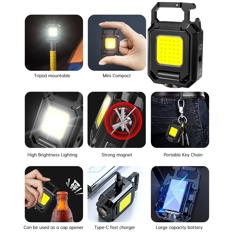 Flashlight Mini Keychain Light COB Work Light USB Rechargeable Lamp with 90° Foldable Side Lights Multifunctiona Portable Torch - الصورة 6