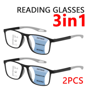 2PCS Progressive Multifocal Reading Glasses for Men, Blue Light Blocking, 3-in-1 Computer Glasses with Easy Near/Far Vision Swit