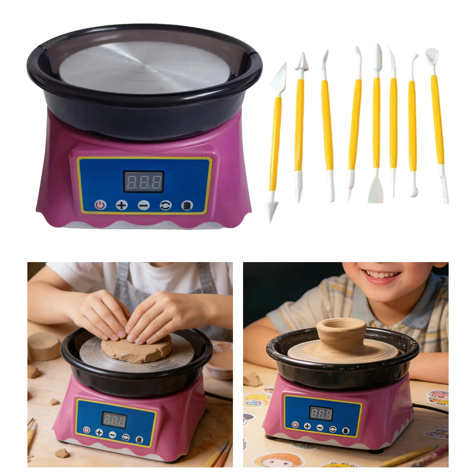 1 Set DIY Pottery Wheel Kit EU/US Plug Toy Electric Pottery Wheel Complete Pottery Kit Sculpting Clay Tools for Works Studio - الصورة 3