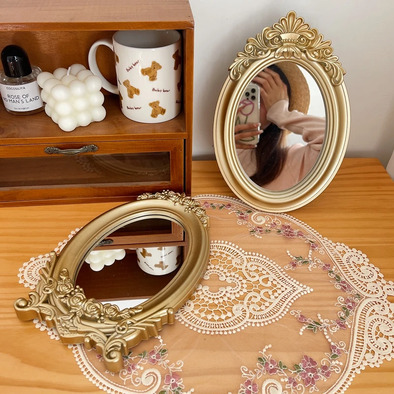 Rustic French Palace Style Carving Frame Table Mirror Gold Decorative Tray Home Decorative Mirror Bedroom Table Makeup Mirror