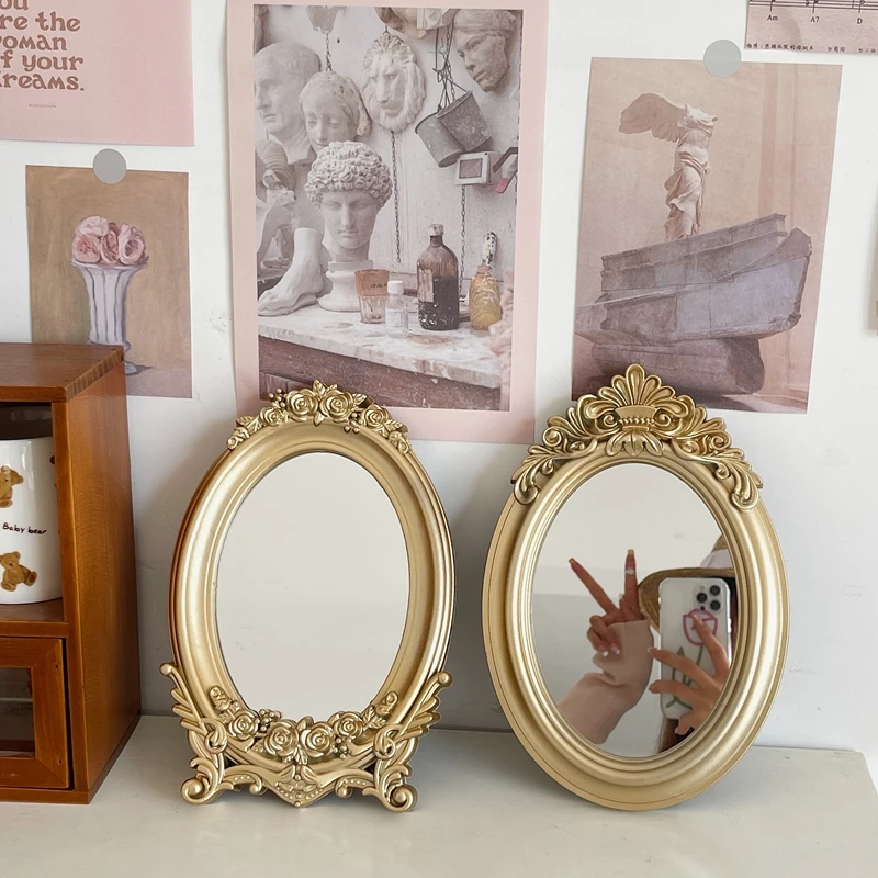 Rustic French Palace Style Carving Frame Table Mirror Gold Decorative Tray Home Decorative Mirror Bedroom Table Makeup Mirror