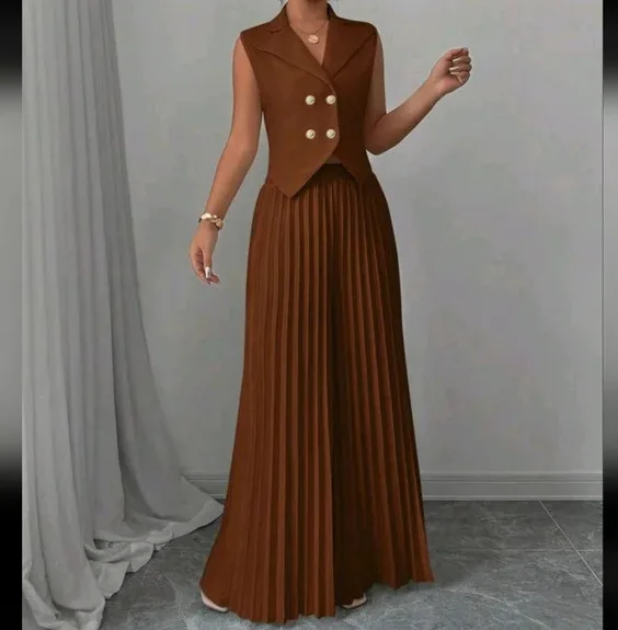 Women Fashion Solid Office Suit Casual Slim Button Two Piece Set Elegant Turn Down Collar Sleeveless Blazer&Pleat Pants Outfits