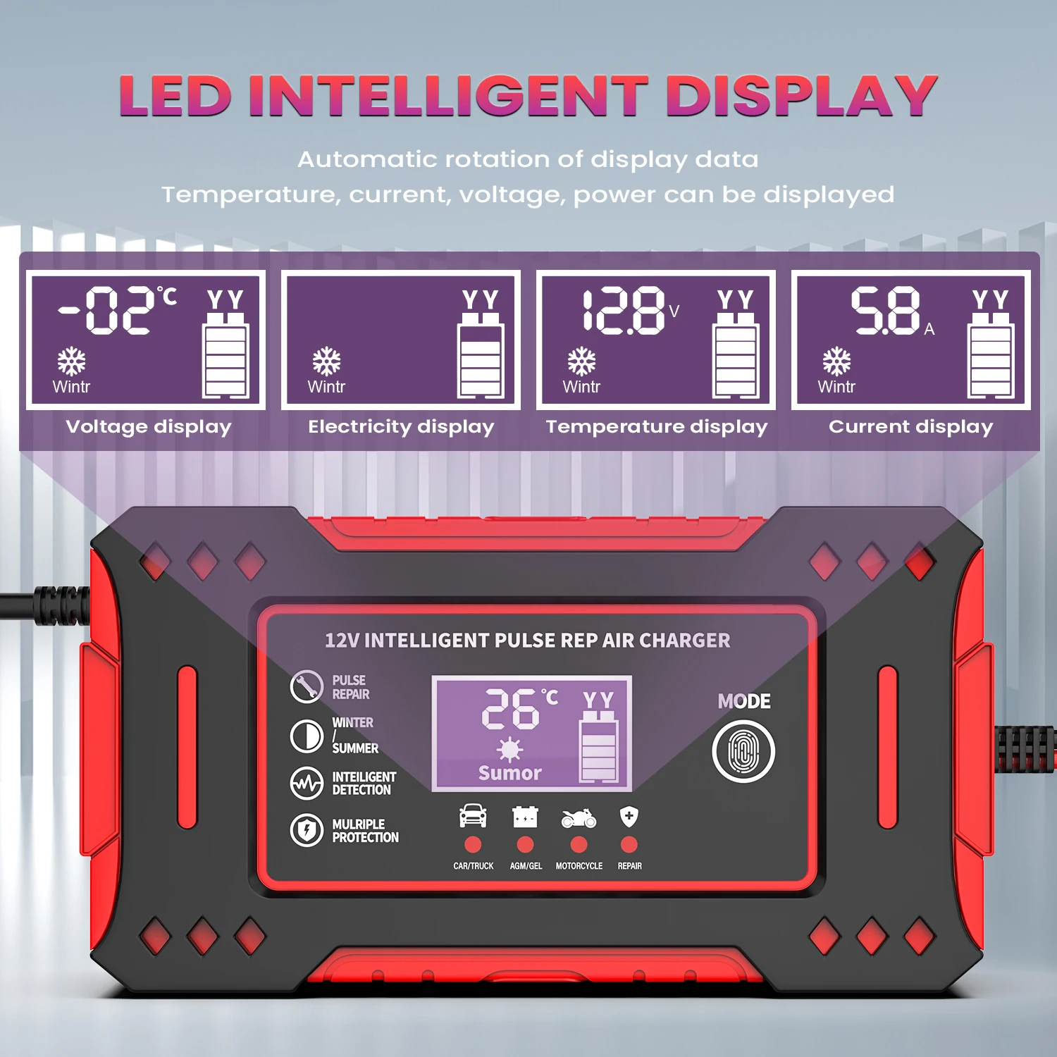 Charger Car and Motorcycle Battery Charging Unit Lead-Acid Battery Repair LCD Display 6A 12V Intelligent Car Battery