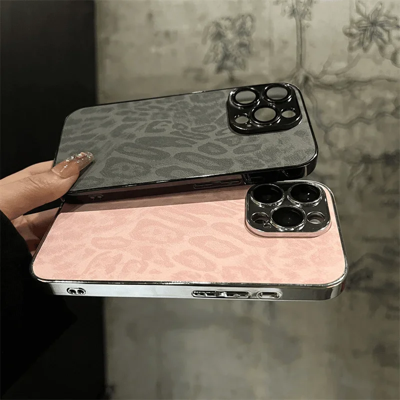 Luxury Plating Leopard Texture Leather Case For iPhone 16 15 14 Plus 13 12 11 Pro Max Lens Protection Shockproof Soft Cover Capa