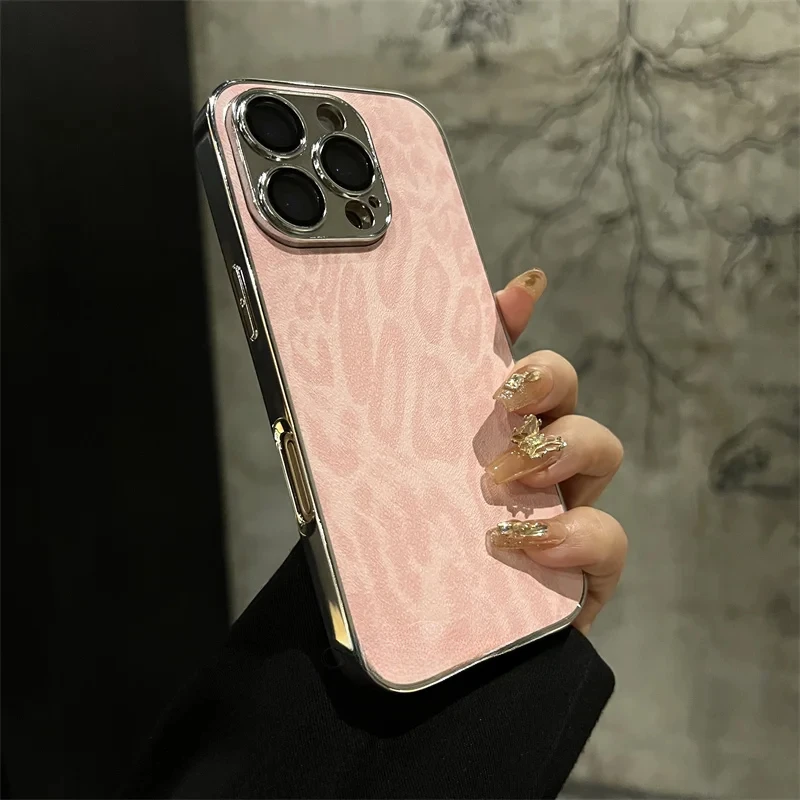 Luxury Plating Leopard Texture Leather Case For iPhone 16 15 14 Plus 13 12 11 Pro Max Lens Protection Shockproof Soft Cover Capa