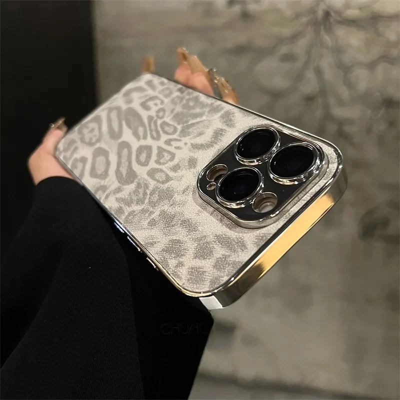 Luxury Plating Leopard Texture Leather Case For iPhone 16 15 14 Plus 13 12 11 Pro Max Lens Protection Shockproof Soft Cover Capa