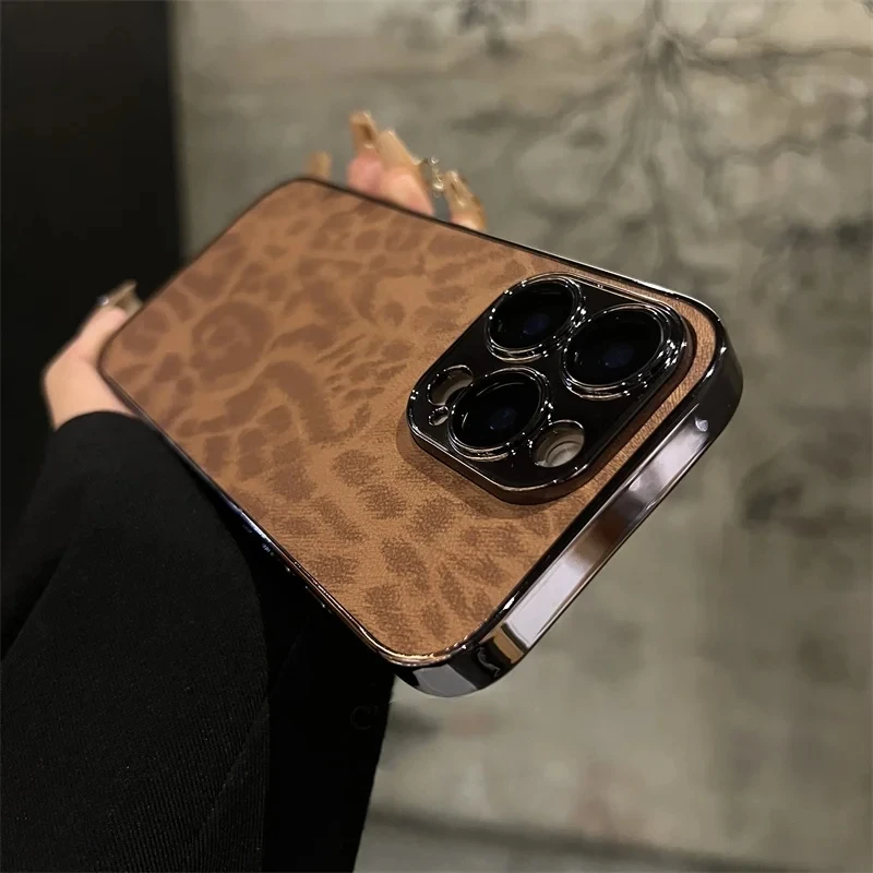 Luxury Plating Leopard Texture Leather Case For iPhone 16 15 14 Plus 13 12 11 Pro Max Lens Protection Shockproof Soft Cover Capa