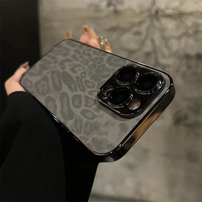 Luxury Plating Leopard Texture Leather Case For iPhone 16 15 14 Plus 13 12 11 Pro Max Lens Protection Shockproof Soft Cover Capa