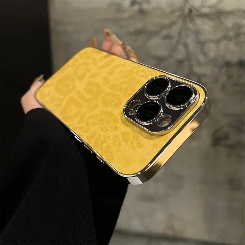Luxury Plating Leopard Texture Leather Case For iPhone 16 15 14 Plus 13 12 11 Pro Max Lens Protection Shockproof Soft Cover Capa