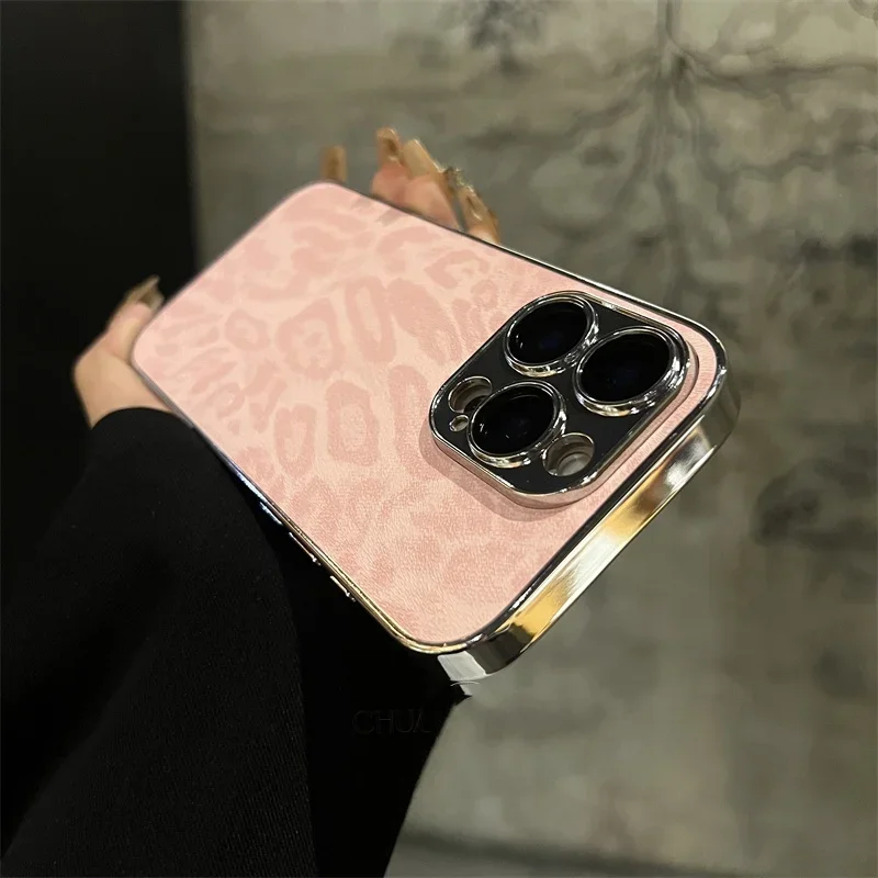 Luxury Plating Leopard Texture Leather Case For iPhone 16 15 14 Plus 13 12 11 Pro Max Lens Protection Shockproof Soft Cover Capa