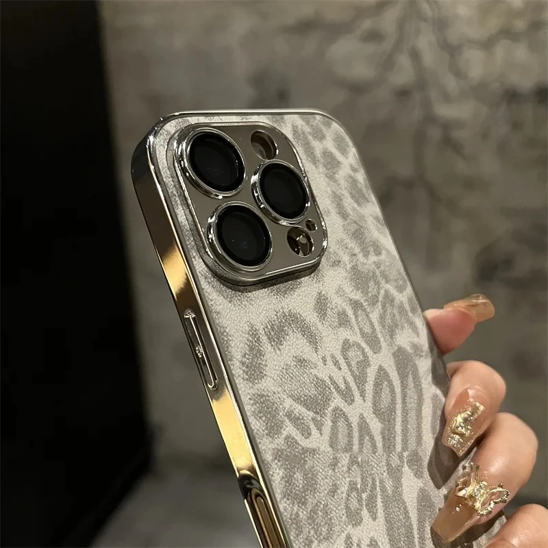 Luxury Plating Leopard Texture Leather Case For iPhone 16 15 14 Plus 13 12 11 Pro Max Lens Protection Shockproof Soft Cover Capa