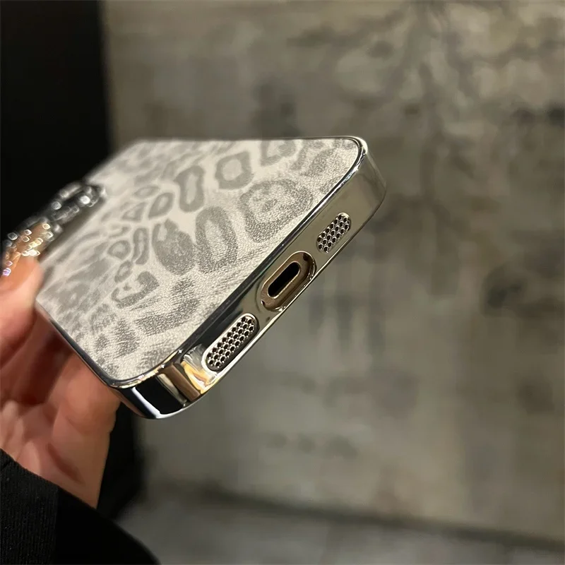 Luxury Plating Leopard Texture Leather Case For iPhone 16 15 14 Plus 13 12 11 Pro Max Lens Protection Shockproof Soft Cover Capa
