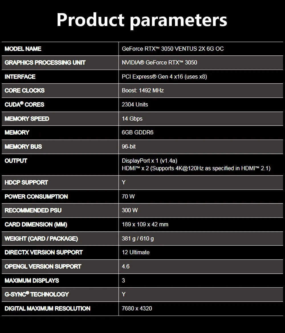 MSI GeForce RTX 3050 VENTUS 2X 6G OC Gaming Graphics Card 6GB GDDR6 96-bit HDMI DP PCI-E 4.0x8 Desktop Full New Game Video Card