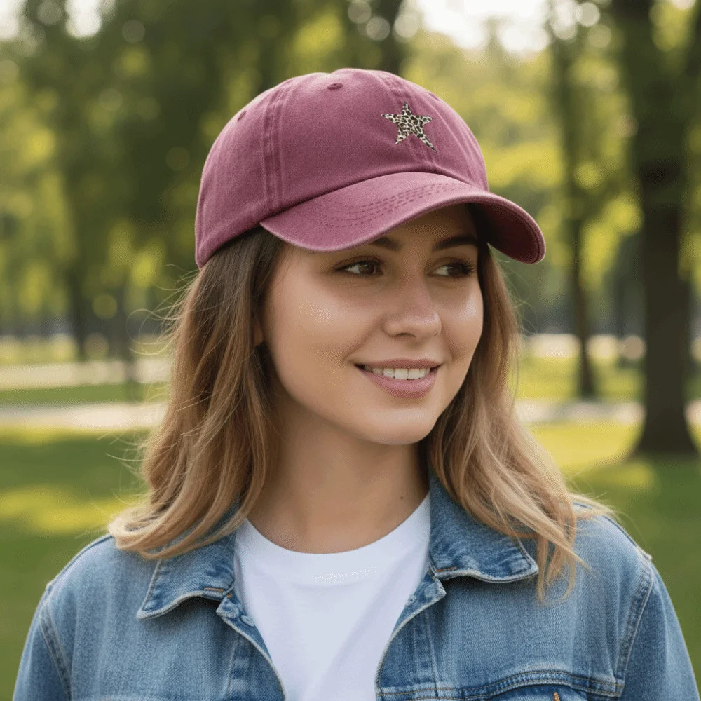 Sun Protection Baseball Caps with Leopard Print Star Design Adjustable Sunscreen Hats Breathable Distressed Faded Cap Men Women