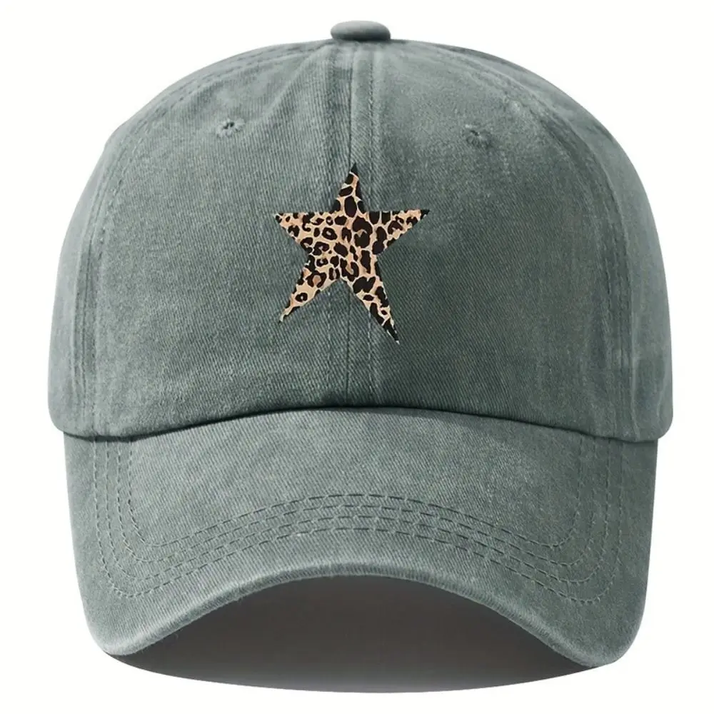 Sun Protection Baseball Caps with Leopard Print Star Design Adjustable Sunscreen Hats Breathable Distressed Faded Cap Men Women