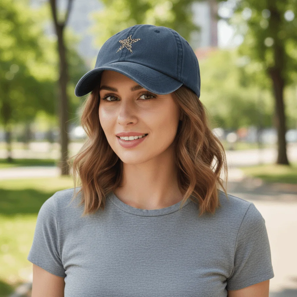 Sun Protection Baseball Caps with Leopard Print Star Design Adjustable Sunscreen Hats Breathable Distressed Faded Cap Men Women
