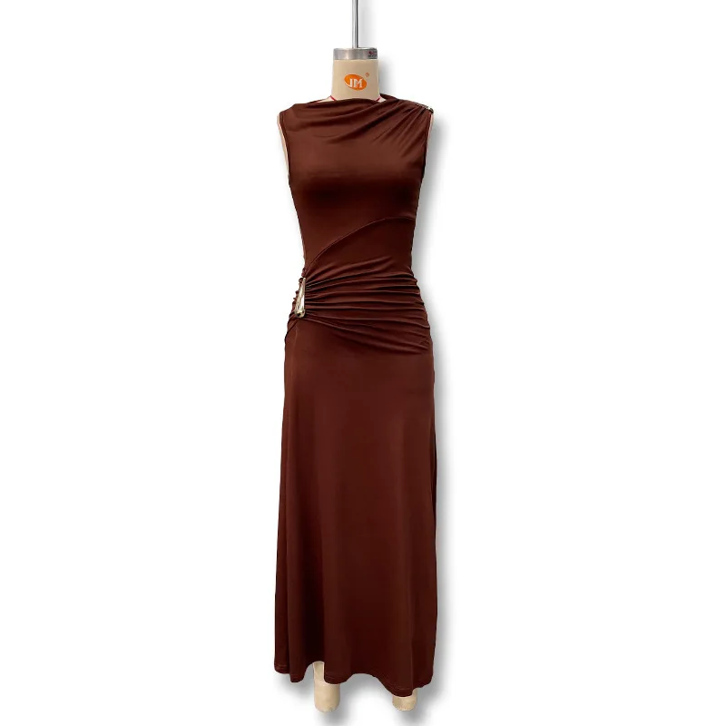 Women's Sleeveless Slim Fit Metal Decorated Wrap Sexy Pleated Dress Autumn 2025 Street Style Long Skirt High Waist round Neck Women's Sleeveless Slim Fit Metal Decorated Wrap Sexy Pleated Dress Autumn 2025 Street Style Long Skirt High Waist round Neck