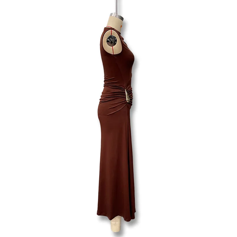 Women's Sleeveless Slim Fit Metal Decorated Wrap Sexy Pleated Dress Autumn 2025 Street Style Long Skirt High Waist round Neck Women's Sleeveless Slim Fit Metal Decorated Wrap Sexy Pleated Dress Autumn 2025 Street Style Long Skirt High Waist round Neck