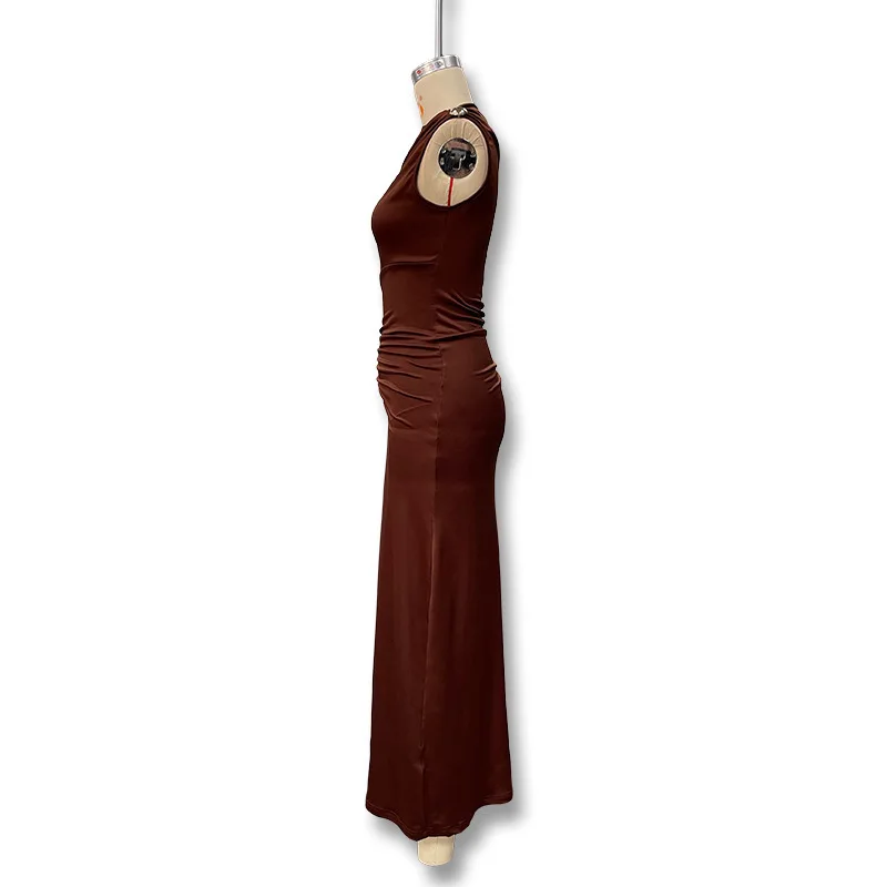 Women's Sleeveless Slim Fit Metal Decorated Wrap Sexy Pleated Dress Autumn 2025 Street Style Long Skirt High Waist round Neck Women's Sleeveless Slim Fit Metal Decorated Wrap Sexy Pleated Dress Autumn 2025 Street Style Long Skirt High Waist round Neck