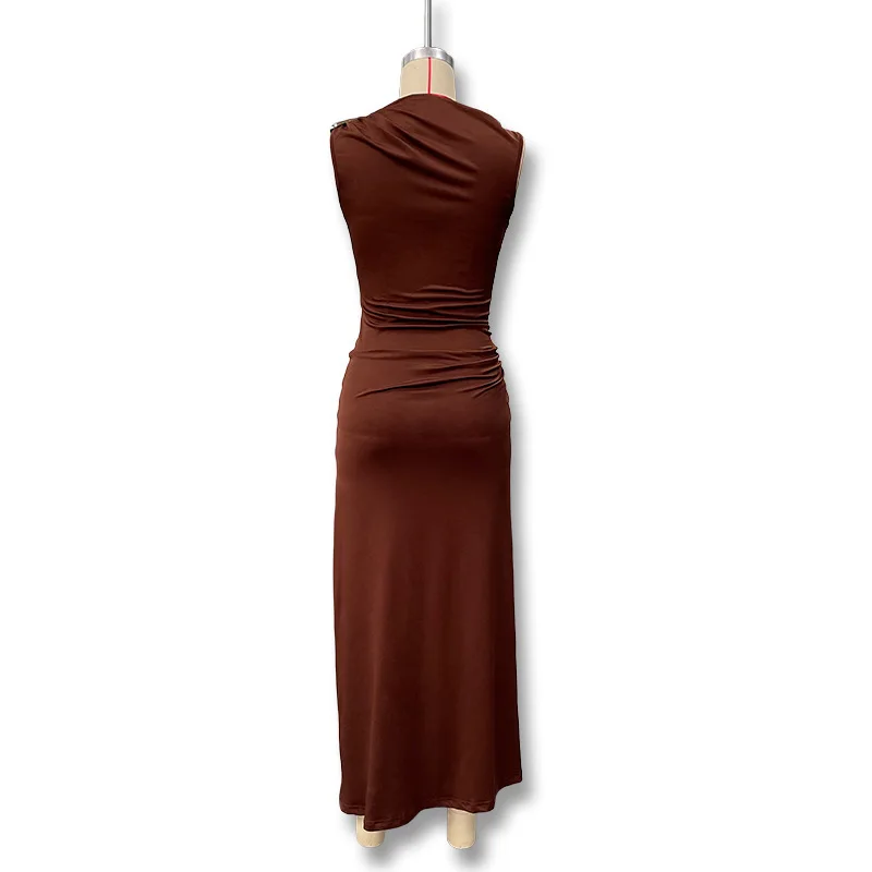 Women's Sleeveless Slim Fit Metal Decorated Wrap Sexy Pleated Dress Autumn 2025 Street Style Long Skirt High Waist round Neck Women's Sleeveless Slim Fit Metal Decorated Wrap Sexy Pleated Dress Autumn 2025 Street Style Long Skirt High Waist round Neck