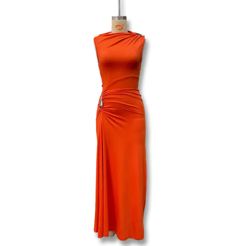 Women's Sleeveless Slim Fit Metal Decorated Wrap Sexy Pleated Dress Autumn 2025 Street Style Long Skirt High Waist round Neck Women's Sleeveless Slim Fit Metal Decorated Wrap Sexy Pleated Dress Autumn 2025 Street Style Long Skirt High Waist round Neck