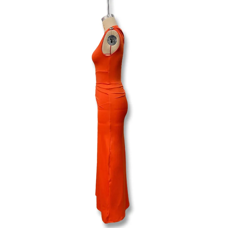 Women's Sleeveless Slim Fit Metal Decorated Wrap Sexy Pleated Dress Autumn 2025 Street Style Long Skirt High Waist round Neck Women's Sleeveless Slim Fit Metal Decorated Wrap Sexy Pleated Dress Autumn 2025 Street Style Long Skirt High Waist round Neck