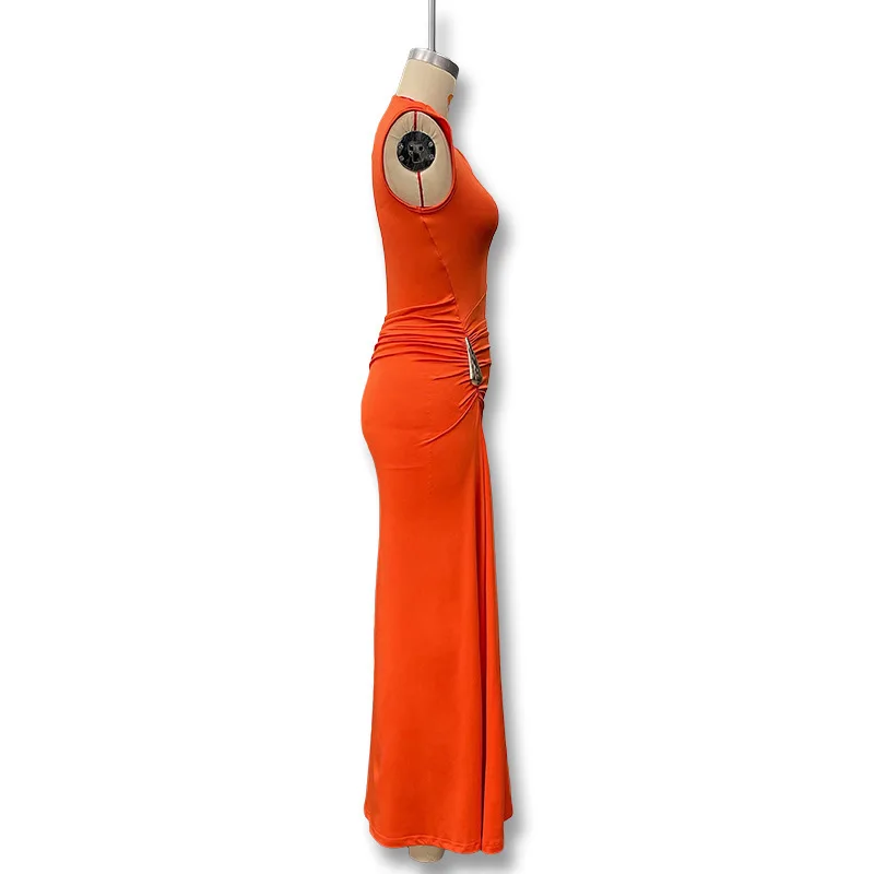 Women's Sleeveless Slim Fit Metal Decorated Wrap Sexy Pleated Dress Autumn 2025 Street Style Long Skirt High Waist round Neck Women's Sleeveless Slim Fit Metal Decorated Wrap Sexy Pleated Dress Autumn 2025 Street Style Long Skirt High Waist round Neck