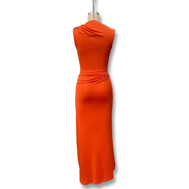 Women's Sleeveless Slim Fit Metal Decorated Wrap Sexy Pleated Dress Autumn 2025 Street Style Long Skirt High Waist round Neck Women's Sleeveless Slim Fit Metal Decorated Wrap Sexy Pleated Dress Autumn 2025 Street Style Long Skirt High Waist round Neck