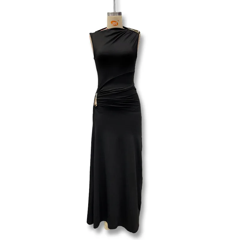 Women's Sleeveless Slim Fit Metal Decorated Wrap Sexy Pleated Dress Autumn 2025 Street Style Long Skirt High Waist round Neck Women's Sleeveless Slim Fit Metal Decorated Wrap Sexy Pleated Dress Autumn 2025 Street Style Long Skirt High Waist round Neck