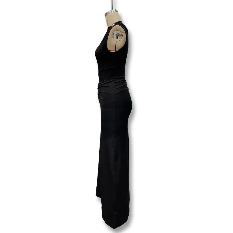 Women's Sleeveless Slim Fit Metal Decorated Wrap Sexy Pleated Dress Autumn 2025 Street Style Long Skirt High Waist round Neck Women's Sleeveless Slim Fit Metal Decorated Wrap Sexy Pleated Dress Autumn 2025 Street Style Long Skirt High Waist round Neck