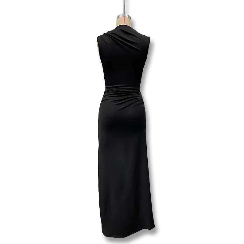 Women's Sleeveless Slim Fit Metal Decorated Wrap Sexy Pleated Dress Autumn 2025 Street Style Long Skirt High Waist round Neck Women's Sleeveless Slim Fit Metal Decorated Wrap Sexy Pleated Dress Autumn 2025 Street Style Long Skirt High Waist round Neck