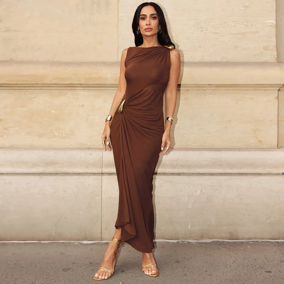 Women's Sleeveless Slim Fit Metal Decorated Wrap Sexy Pleated Dress Autumn 2025 Street Style Long Skirt High Waist round Neck Women's Sleeveless Slim Fit Metal Decorated Wrap Sexy Pleated Dress Autumn 2025 Street Style Long Skirt High Waist round Neck