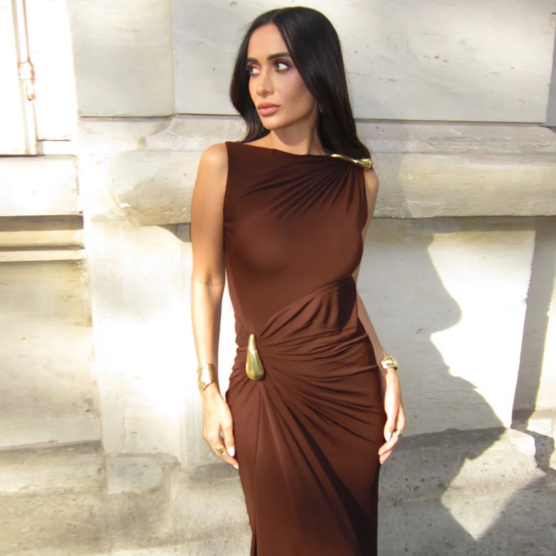Women's Sleeveless Slim Fit Metal Decorated Wrap Sexy Pleated Dress Autumn 2025 Street Style Long Skirt High Waist round Neck Women's Sleeveless Slim Fit Metal Decorated Wrap Sexy Pleated Dress Autumn 2025 Street Style Long Skirt High Waist round Neck