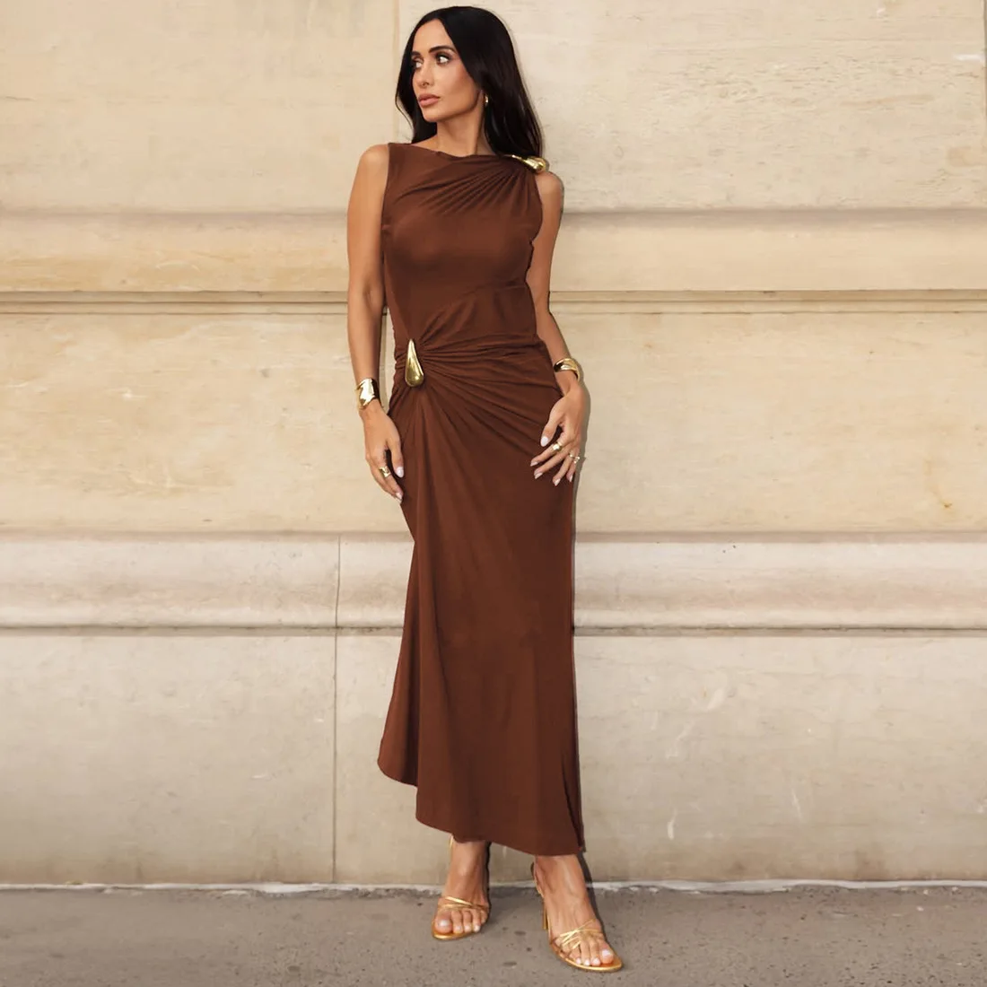 Women's Sleeveless Slim Fit Metal Decorated Wrap Sexy Pleated Dress Autumn 2025 Street Style Long Skirt High Waist round Neck Women's Sleeveless Slim Fit Metal Decorated Wrap Sexy Pleated Dress Autumn 2025 Street Style Long Skirt High Waist round Neck