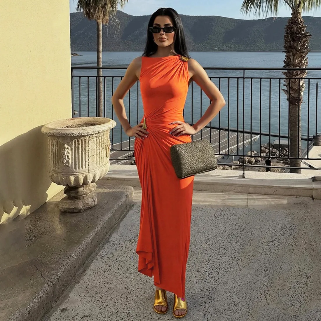 Women's Sleeveless Slim Fit Metal Decorated Wrap Sexy Pleated Dress Autumn 2025 Street Style Long Skirt High Waist round Neck Women's Sleeveless Slim Fit Metal Decorated Wrap Sexy Pleated Dress Autumn 2025 Street Style Long Skirt High Waist round Neck
