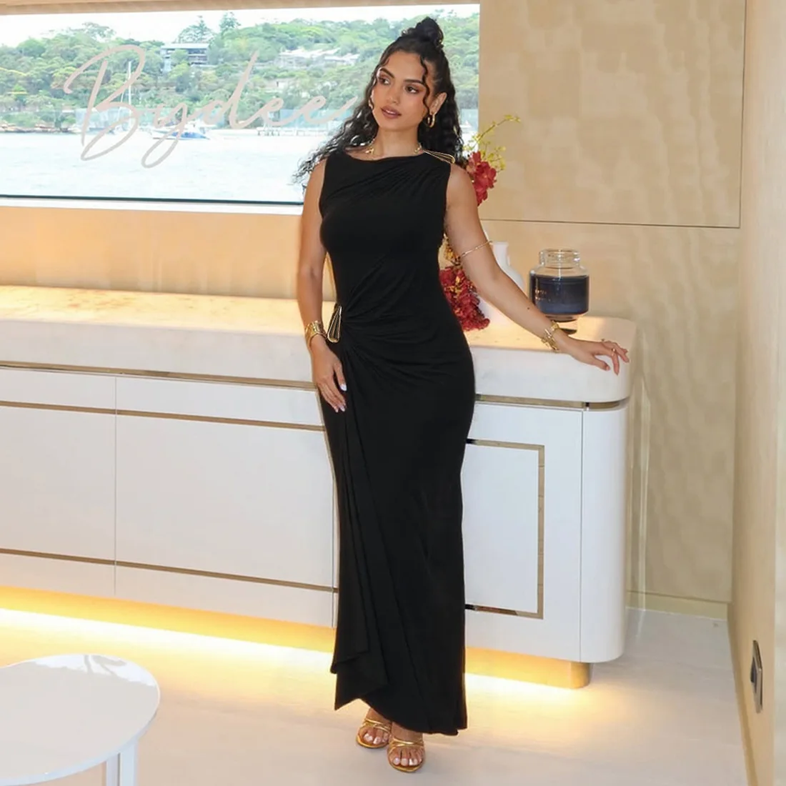 Women's Sleeveless Slim Fit Metal Decorated Wrap Sexy Pleated Dress Autumn 2025 Street Style Long Skirt High Waist round Neck Women's Sleeveless Slim Fit Metal Decorated Wrap Sexy Pleated Dress Autumn 2025 Street Style Long Skirt High Waist round Neck