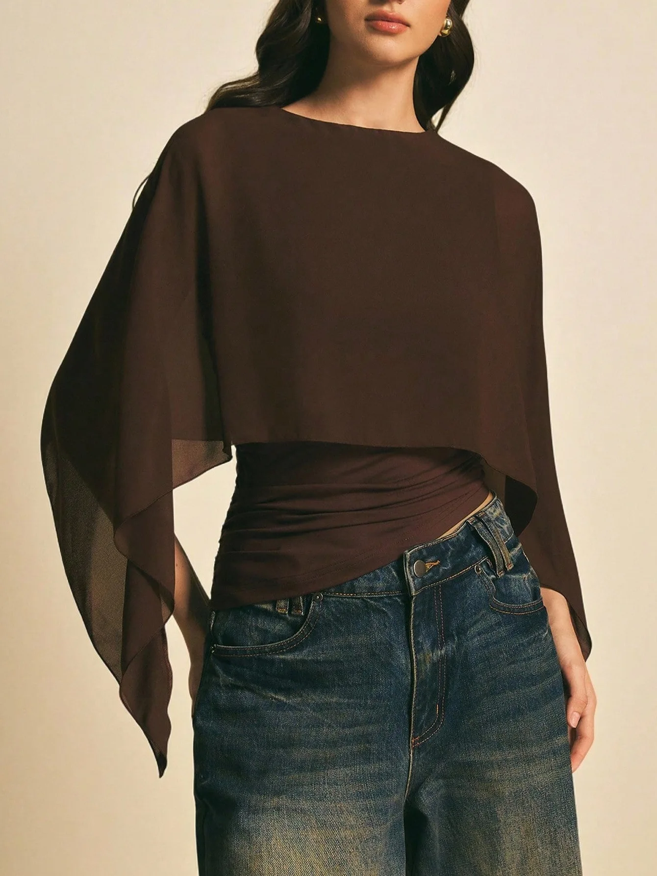 Cafe Brown Chiffon Cowl Sleeve Top Women round Neck Loose Cover Slim Fit Fake Two-Piece Commute Irregular T-Shirt