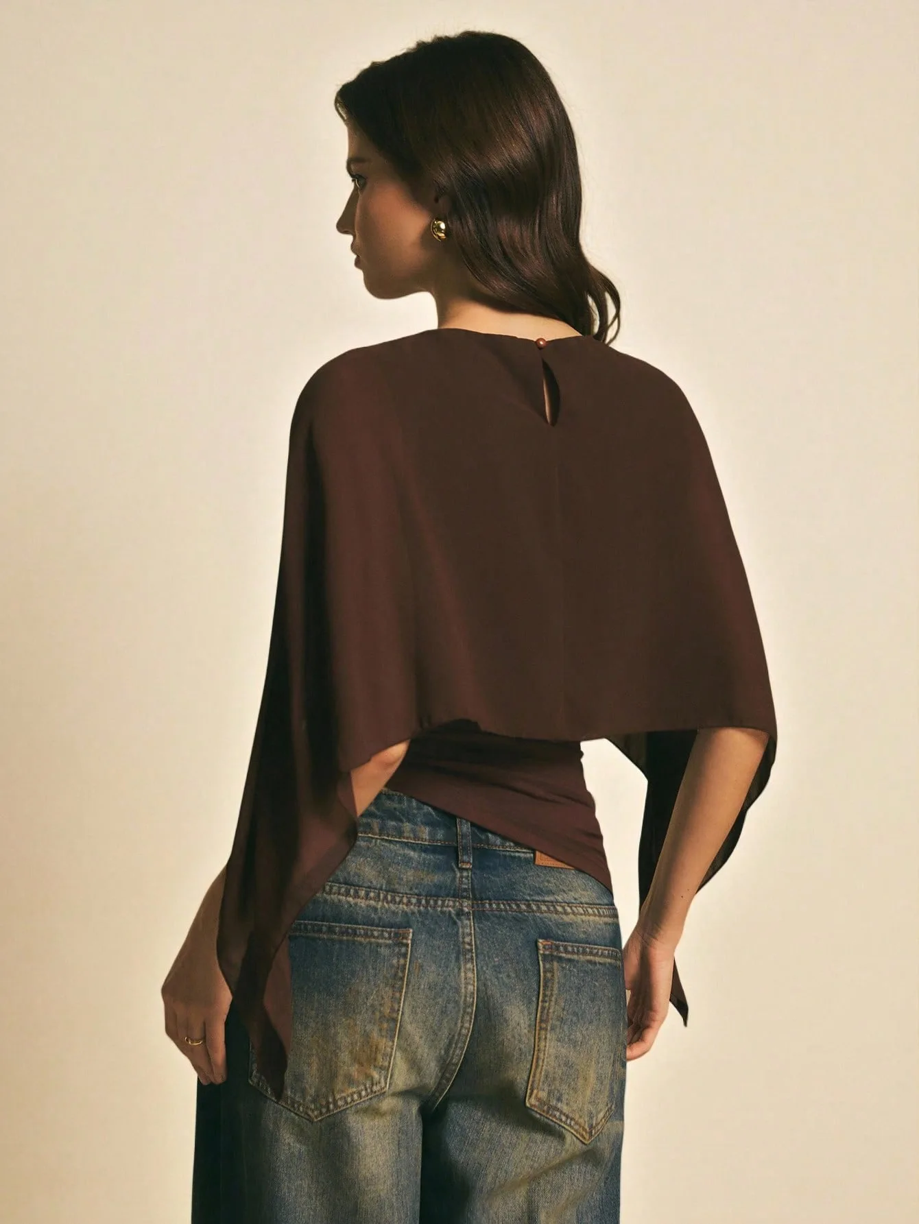 Cafe Brown Chiffon Cowl Sleeve Top Women round Neck Loose Cover Slim Fit Fake Two-Piece Commute Irregular T-Shirt