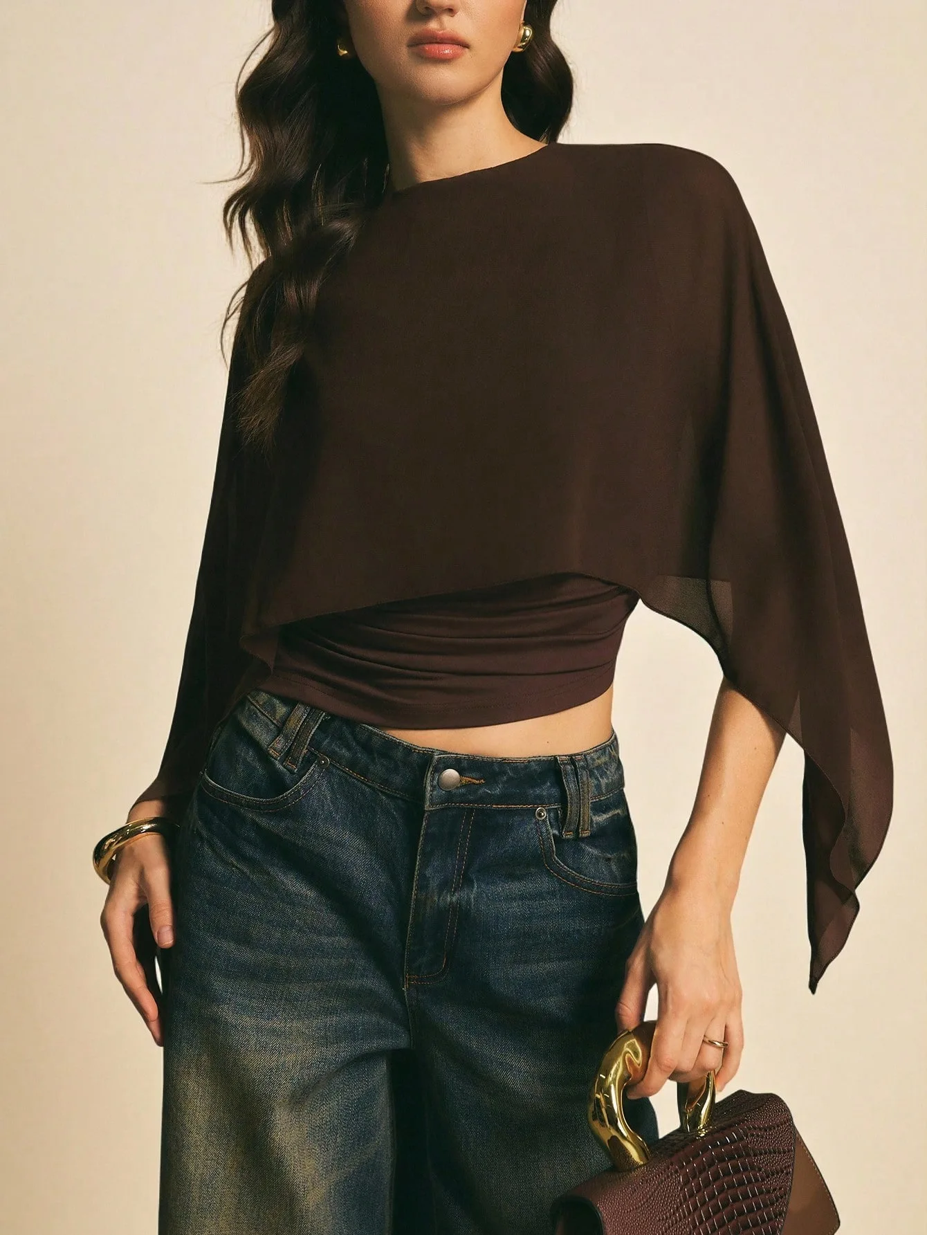 Cafe Brown Chiffon Cowl Sleeve Top Women round Neck Loose Cover Slim Fit Fake Two-Piece Commute Irregular T-Shirt