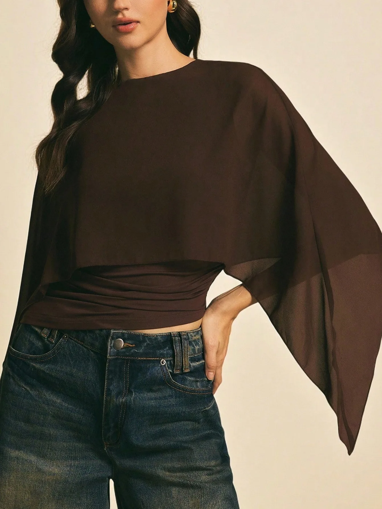 Cafe Brown Chiffon Cowl Sleeve Top Women round Neck Loose Cover Slim Fit Fake Two-Piece Commute Irregular T-Shirt