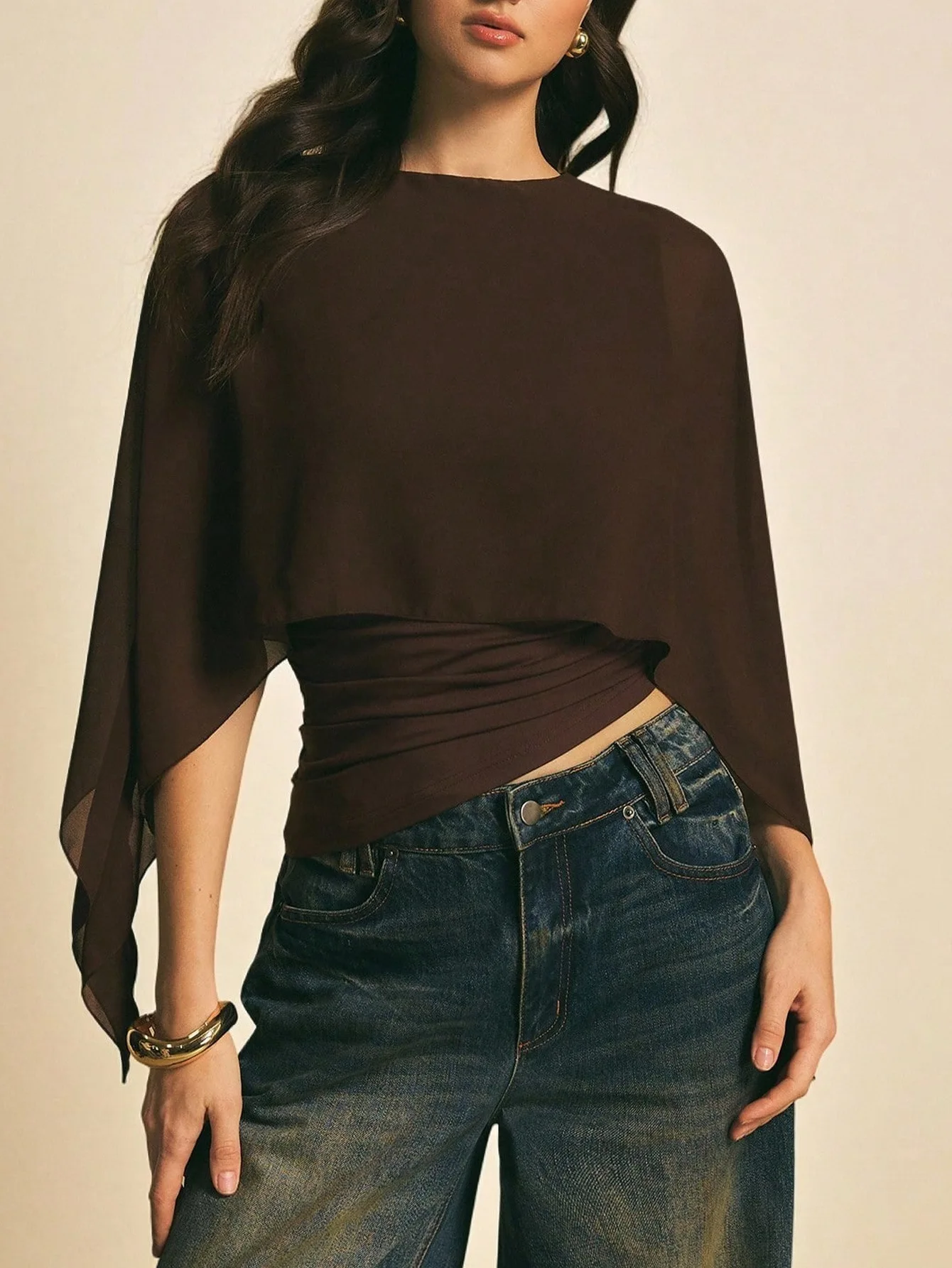 Cafe Brown Chiffon Cowl Sleeve Top Women round Neck Loose Cover Slim Fit Fake Two-Piece Commute Irregular T-Shirt