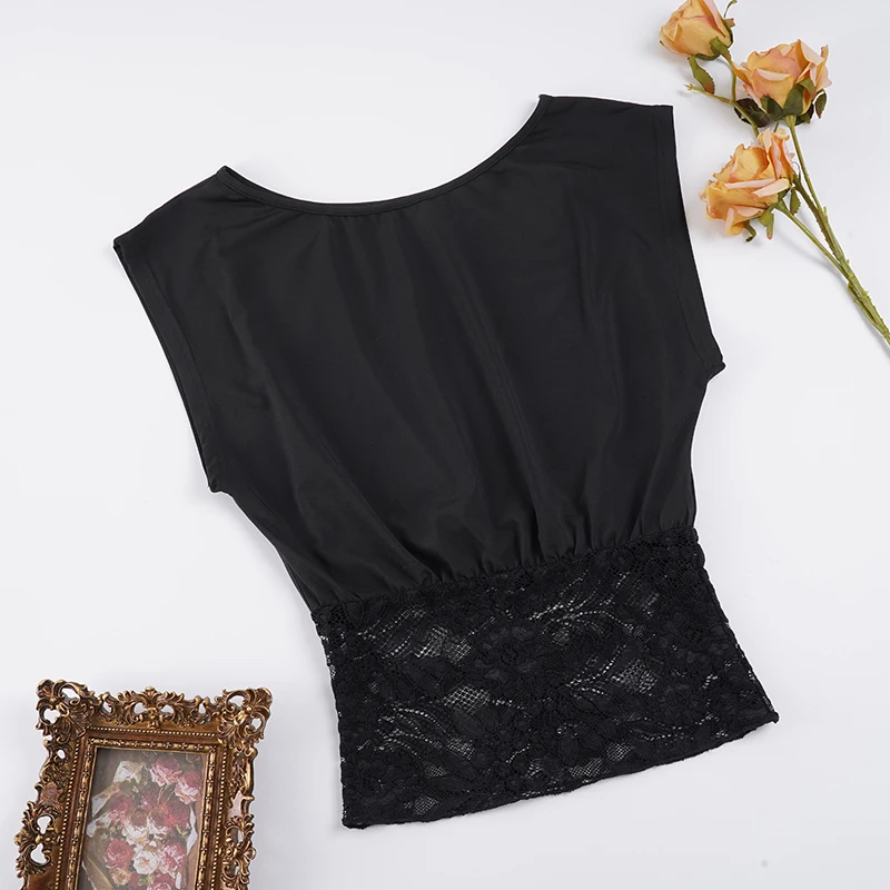 SUCHCUTE Elegant Sexy Inclined-Shoulder Lace Patchwork Waist-Defining T-Shirt Women'S Short-Sleeve Tee Y2K Top Summer Party Club SUCHCUTE Elegant Sexy Inclined-Shoulder Lace Patchwork Waist-Defining T-Shirt Women'S Short-Sleeve Tee Y2K Top Summer Party Club