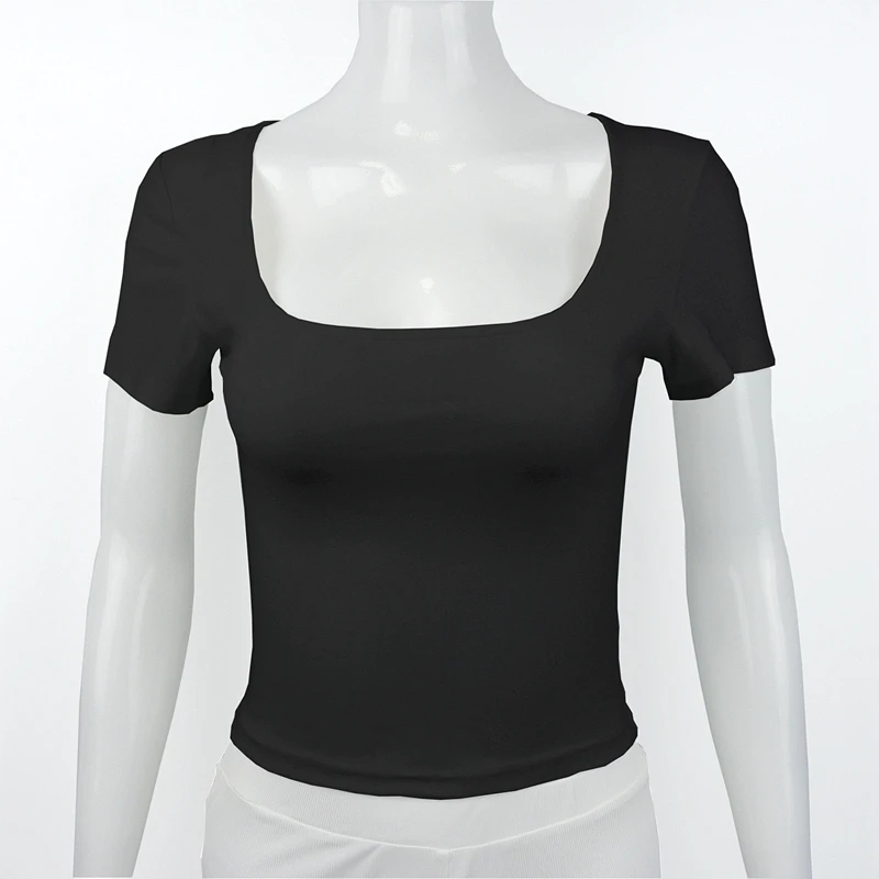 Short Sleeve T-shirt for Women Summer 2026 Solid Color Elastic Square-cut Collar slim fit Tops Sexy Y2k Street Wear Tee Fashion
